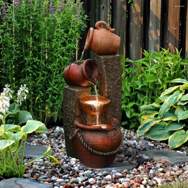 Décorations de jardin 32 pouces Fountain extérieur en cascade ferme de bouilloire et cascade avec lumières LED fontaines intérieures