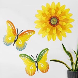 Décorations de jardin 3pcs tournesol décoration murale 3D papillons en métal art sculptures suspendues décoration colorée