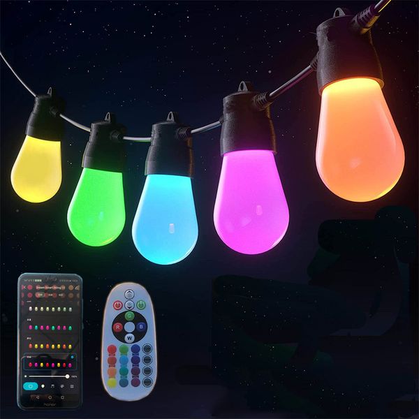 Decoraciones de jardín 49FT 15 bombillas Smart Patio String Light App Control RGBW Outdoor S14 Fairy Globe Christmas Light regulable para decoración de patio trasero 230712