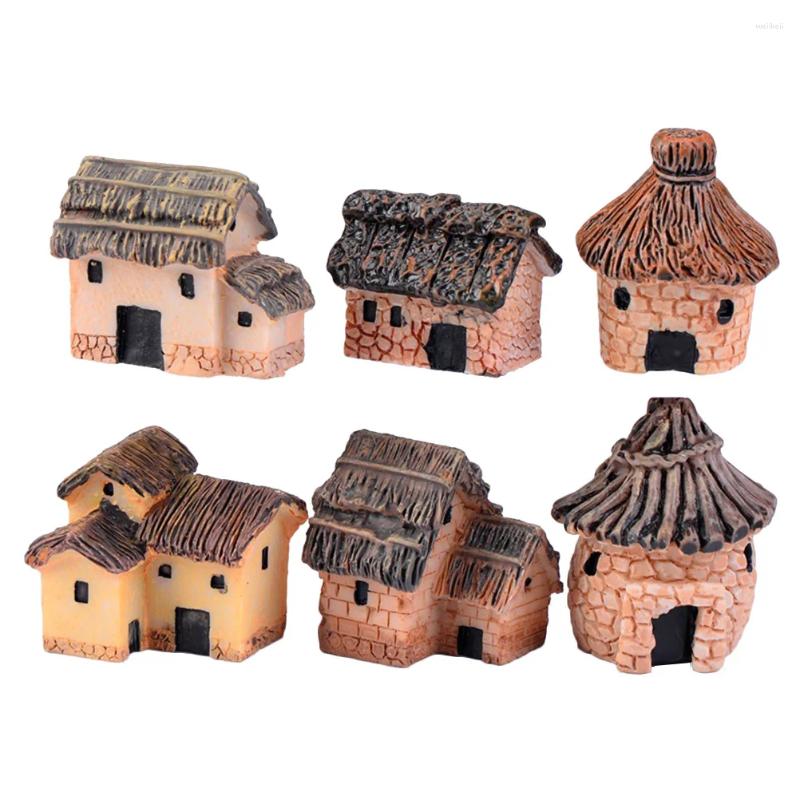 Dekoracje ogrodowe 6pcs miniaturowe ogrodnictwo krajobraz mikro wioska kamienna domy miniatury strzeche chaty