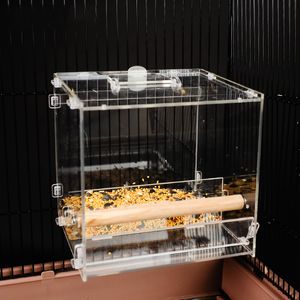Décorations de jardin Mangeoire à oiseaux en acrylique Boîte à nourriture transparente pour perroquets Coupe anti-déversement Accessoires de cage automatique 230909