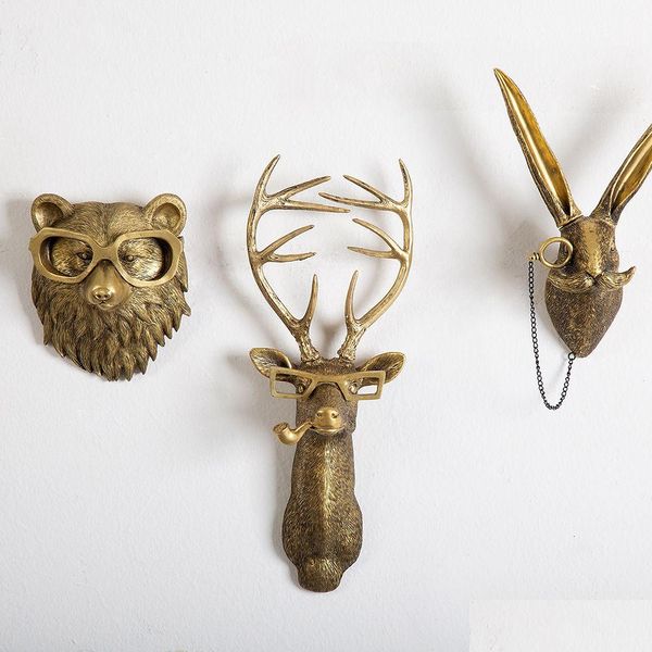 Décorations de jardin Antique Bronze Resin Pendre Animal Golden Deer Head Mur Mur de rangement ACCESSOIRES DÉCORATIVES FIGURI DH1FL