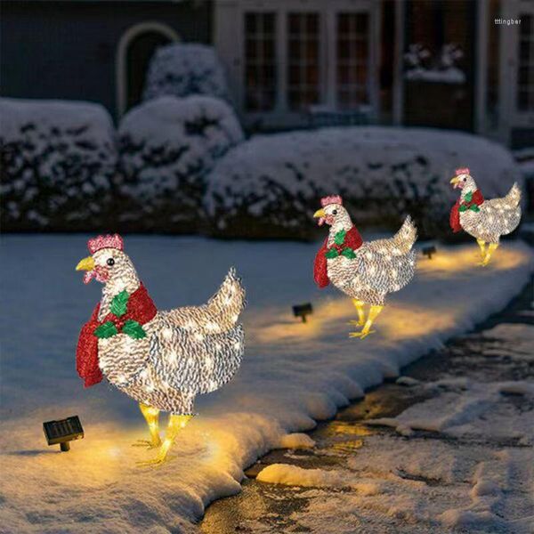 Decoraciones de jardín Pollo iluminado de Navidad con bufanda Decoración de vacaciones LED Plano 3D Luces al aire libre Estatua Ornamento de patio