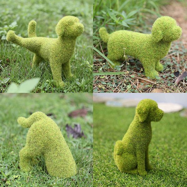 Décorations de jardin Courté des statues de chien mignon Grass Green Simulation Flocks Puppy Ornements Moss Cat Figurines Décor 230422
