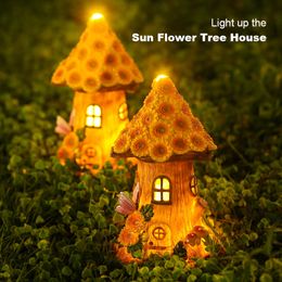 Tuin Decoraties Ambacht Miniatuur Huis Zonne-energie Led Licht Tuin Fairy Outdoor Loopbrug Zon Bloem Hars Huisje Kerst Lamp Decoratie 230606