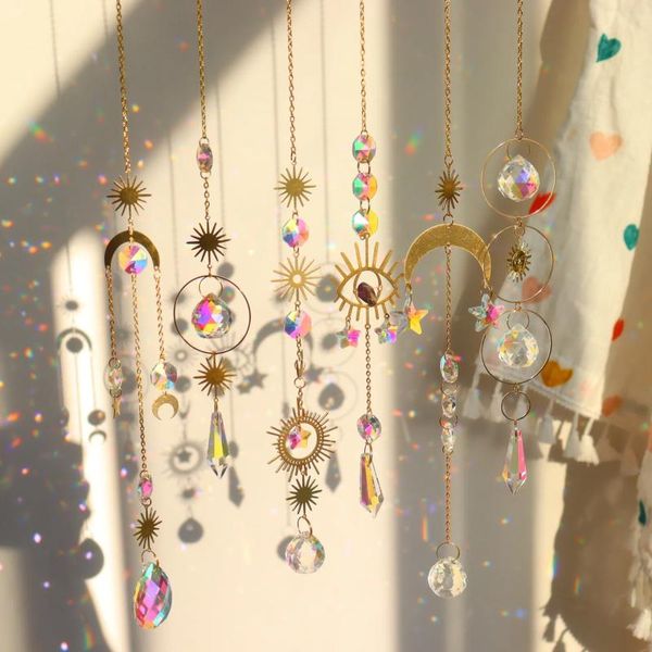 Decoraciones de jardín Crystal Suncatcher Sun Moon Stars Prism Beads Bolas de arco iris Gotas de lágrima Catcher para decoración Colgante de ventanas colgante