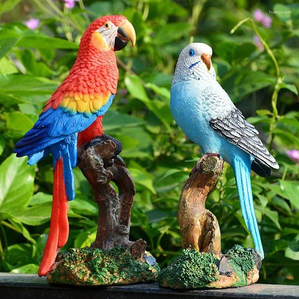 Decoraciones de jardín Simulación linda Figuras de loros pequeños Miniaturas de animales Estatua de pájaros encantadores Hada Hogar Césped Resina Artesanía Decoración Escultura