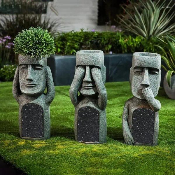 Decoraciones de jardín Estatuas malvadas de la Isla de Pascua Maceta Macetas de cara única Plantas Maceta de escultura de resina creativa con orificio de drenaje
