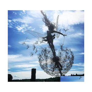 Garden Decorations Fairy Dancing With Dandelion Decoration Metal Art Mythical Faery Landscape Scpture Standue Outdoor Yard Lawn Home Dh4tf
