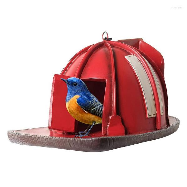 Décorations de jardin Maison d'oiseau de pompier Décor extérieur de style vintage Casques de pompier rouges Chapeau de feu Nichoir fait à la main Nid naturel