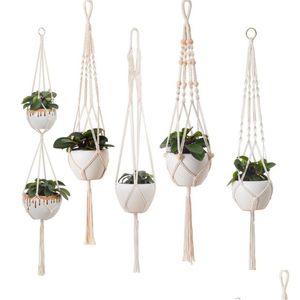 Garden Decorations Garden Decorations Handmade Flower Pots Net Bag Braided Home Vintage Decor Plants Hanging Basket Knotted Rope Garde Dhgsg