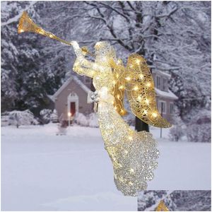 Tuindecoraties Goud Sier Verlichte engel met trompet Buiten Kerst Tuindecoratie Scpture Kunst Vakantie Winter Display Drop Deli Dhg9Y