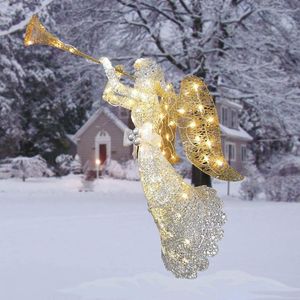 Decoraciones de jardín, ángel iluminado dorado y plateado con trompeta, decoración de jardín de Navidad al aire libre, escultura artística, exhibición de invierno para vacaciones