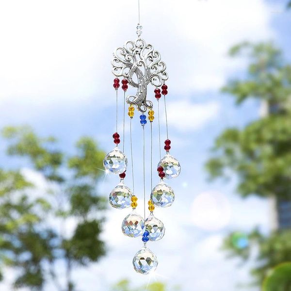 Décorations de jardin HD Crystal Ball Suncatcher Rainbow Maker Pendentifs suspendus avec arbre de vie en métal pour la décoration de fenêtre de porche à la maison