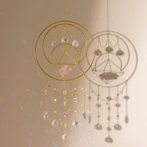 Tuindecoraties Handgemaakte amethistkristallen Suncatcher Big Gold Ploated Moon Rainbow Maker Hanging Window Ornament Home Decor Good Luck Fairy Gift 230422