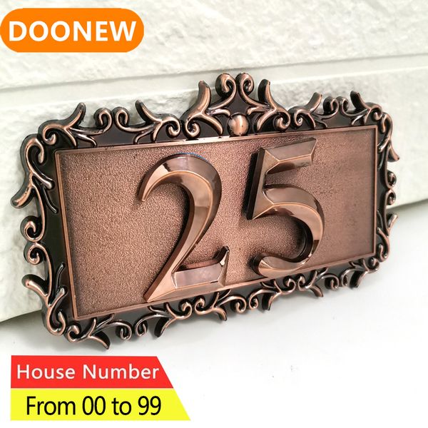 Decoraciones de jardín Número de casa Placa de puerta Etiqueta de número de signo personalizado para el apartamento Plástico ABS 2 dígitos con un marco Imitación Metal Bronce 230923