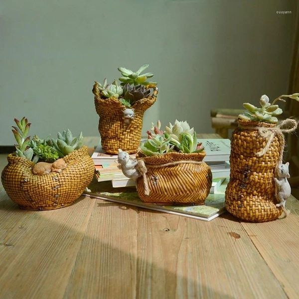 Décorations de jardin Imitation bambou tissé rotin animal petit panier résine succulente pot de fleur statue décoration meubles