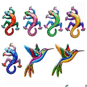 Tuindecoraties Iron Gecko Wall Art Ornamenten Home Decoratie Simatie Realistische metaal Hummingbird Lizard Scu Dhjet