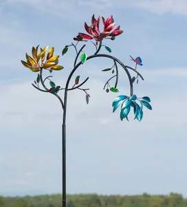 Décorations de jardin Grand moulin à vent rotatif en métal Fleur Papillon Vent Spinner Coloré Pelouse Art extérieur avec des fleurs