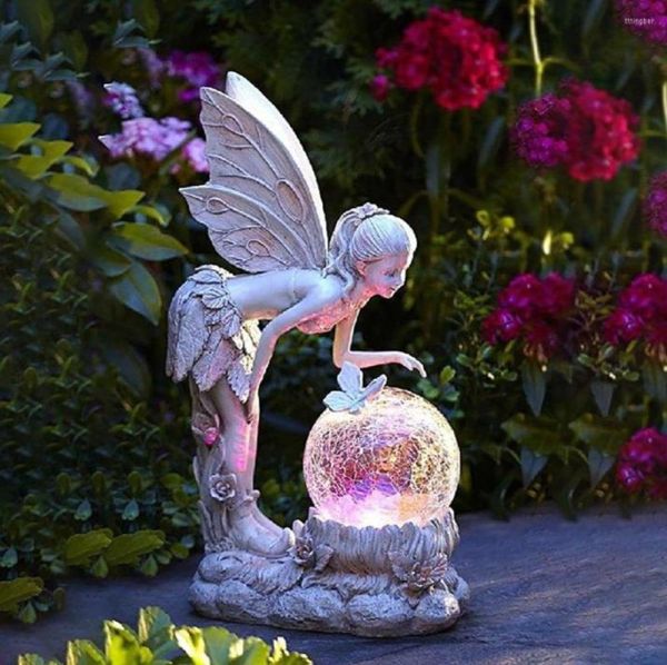 Décorations de jardin Lawn Courtyard décor ange girl girl statue miniature sculpture avec lumières solaires fée Crystal Ball Figurine6326854