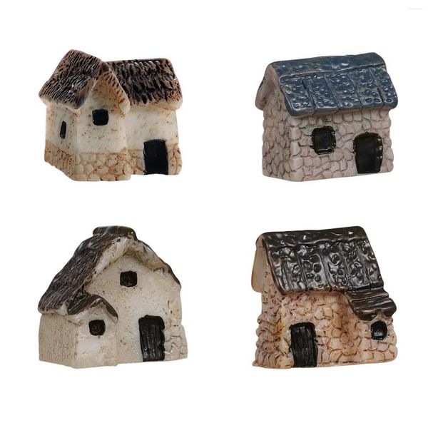 Décorations de jardin LIOOBO 4pcs Maison Miniature Micro Paysage Résine Village Dollhouse Chaume Cottage Décor Ensemble