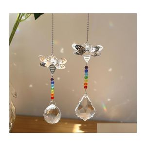 Decoraciones de jardín Metal Abeja Cristal Suncatcher Colgante Colorf Beads Colgando Gota para la ventana interior al aire libre Lámpara de boda DIY D DDHX1L