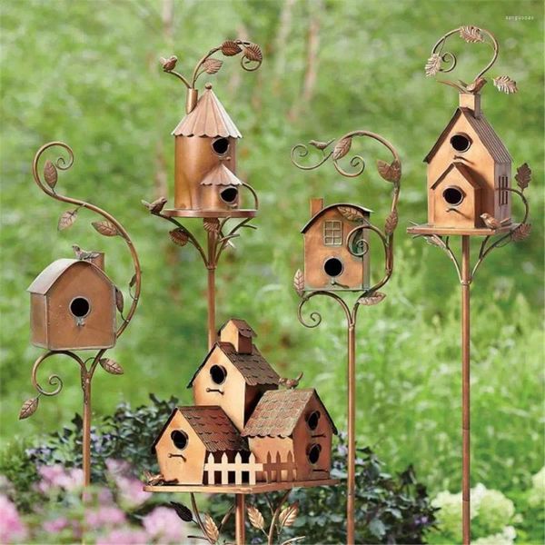 Decoraciones de jardín Metal Birdhouse Bird House Adornos de hierro Colibrí A prueba de herrumbre Fácil de montar Estacas Jaula Lugar de descanso
