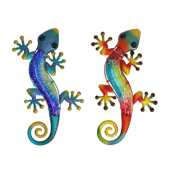 Décorations de jardin Art mural Gecko en métal avec verre pour la décoration de la maison et statues miniatures Ornements d'extérieur Lot de 2 230422