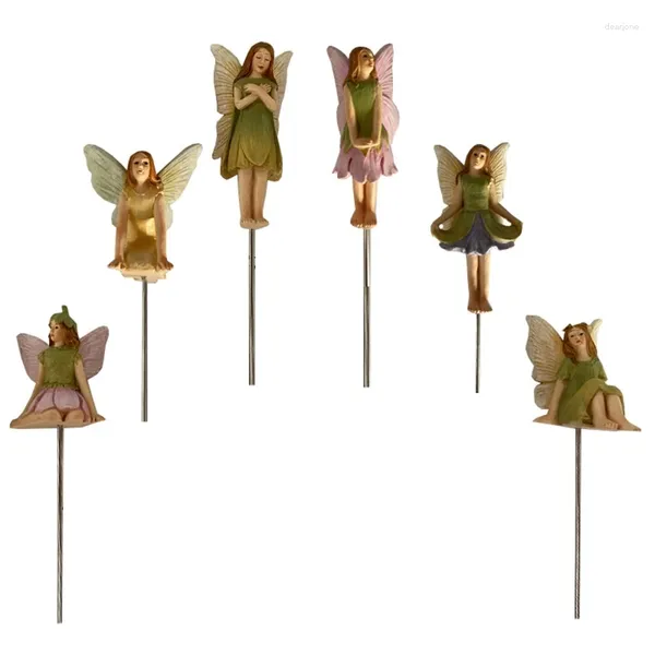 Décorations de jardin mini figurines de fées 6pcs / set en résine Fairies Stakes Set Miniature Statues pour les plantes en pot en plein air Drop