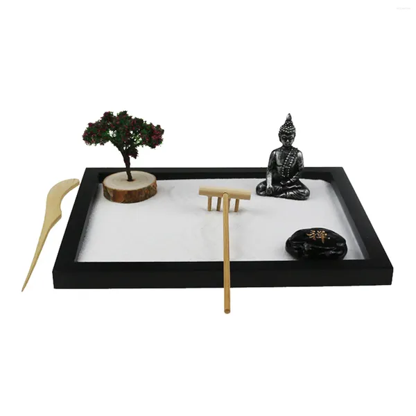 Decoraciones de jardín Mini Zen Mesa de arena Figuras de vacaciones Rastrillo Rocas Árbol Estatuas de Buda Regalos para aliviar el estrés Oficina en casa