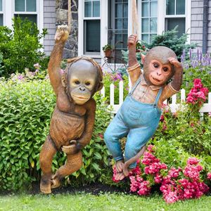 Tuindecoratie Aap Chimpansee Hangende Touw Ornament Hars Waterdichte Cowboy Sculptuur Voor Outdoor Cottage Boom Decoratie