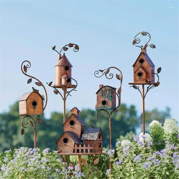 Decoraciones de jardín ornamento lugar de descanso de pájaros impermeable exquisito colibrí casa estaca arte decoración del hogar a prueba de óxido duradero