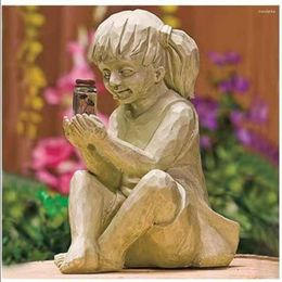 Décorations de jardin Ornements Statues pour enfants Sculpture Enfant attrapant un pot éclairé Figurine Figurine Extérieur Intérieur Décor de bureau