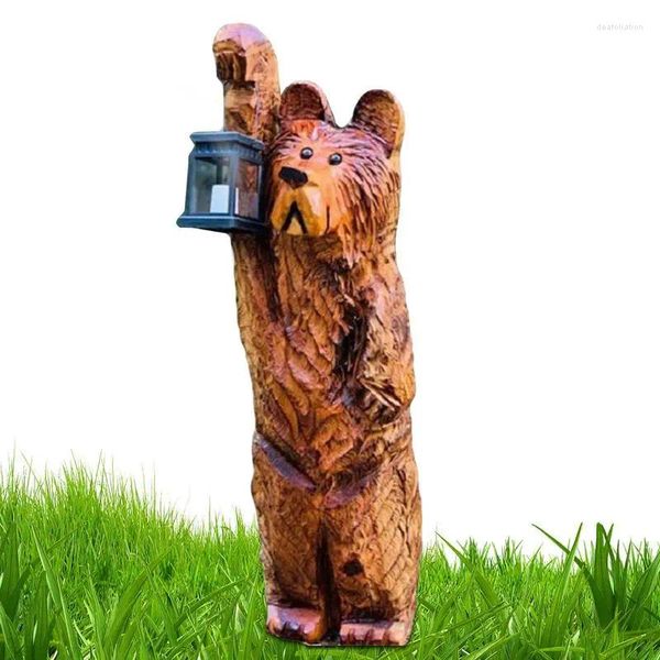 Decoraciones de jardín Estatua de oso al aire libre con tallado de luz sostiene la lámpara Figuras de animales de césped Luces de decoración de arte para patio