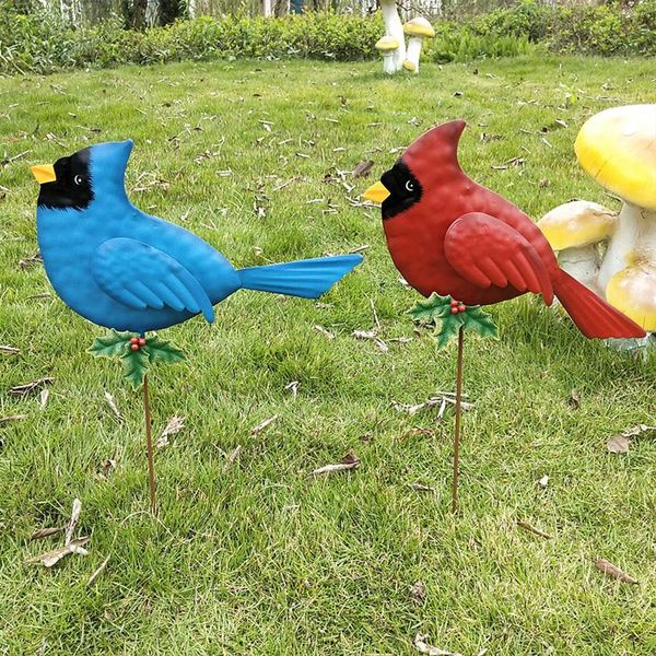 Decoraciones de jardín, estacas al aire libre, pájaro azul y rojo, decoración del hogar, estatua de hierro, patio, decoración de césped, 51cm