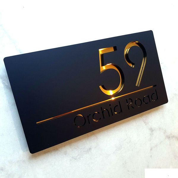 DÉCORATIONS DE JARDINE SIGNES DE MAISON CUT LASER MATT MATT Black Gold Mirror Numéro de porte Adresse Plaques Numéros 230812 Drop livraison DH09L