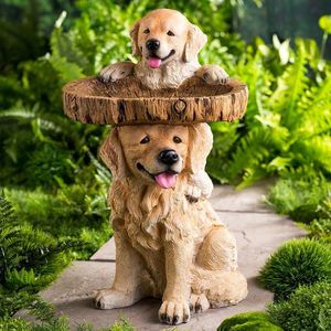 Gardendecoraties Speelse hondenbeelden Hars Bird Feeding Tray Home Offen Diersculpturen Ornamenten Outdoor 230504