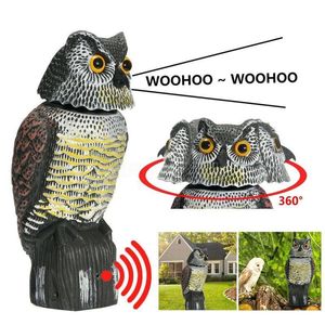 Décorations de jardin réaliste 360 degrés rotatif oiseau répulsif faux hibou leurre peur son et contrôle des ombres décor de jardin 230422