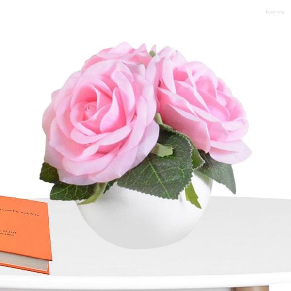 Décorations de jardin Rose Light Lampe Atmosphère à piles Paysage 3V Fleurs artificielles LED Table avec pot de fleur en céramique