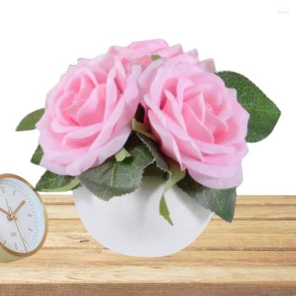 Decoraciones de jardín Luz de noche rosa Lámpara de mesa con batería Atmósfera 3V Flores artificiales LED con maceta de cerámica