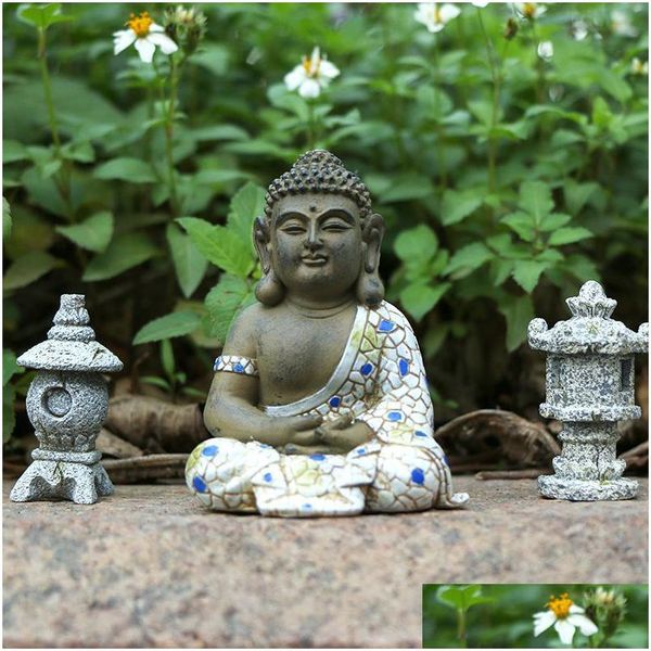 Décorations De Jardin Statue De Bouddha Assis Décoration De La Maison Figurines Bonsaï Mini Accessoires Zen Extérieur Dhs7H