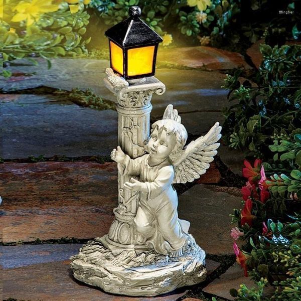 Decoraciones de jardín Lámpara de energía solar Luz Pilar romano Estatua de ángel Estatuilla Esculturas Adornos de Navidad