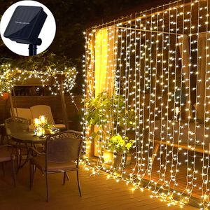 Tuindecoraties Solar led Light Outdoor Street Garland Twinkle Led Copper Wired Curtain Light String 3X3m 8 standen afstandsbediening voor tuindecoratie 230710