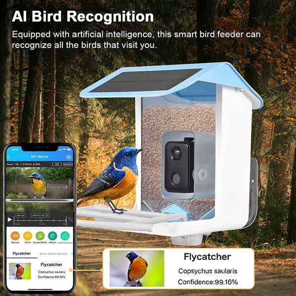 Decoraciones de jardín Alimentador solar inteligente para pájaros con cámara 1080HD Visión nocturna Reconocimiento de IA Conexión de especies Captura automática 230719