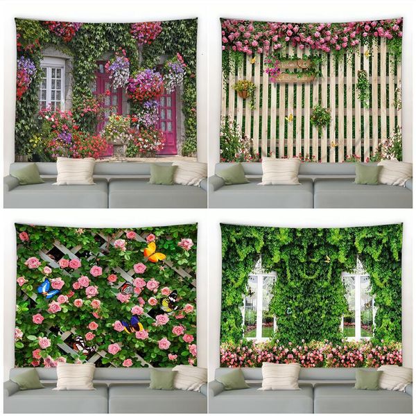 Décorations de jardin Printemps Papillon Fleurs Tapisserie Rétro Clôture En Bois Nature Rose Rose Plantes Floral Tenture Décor À La Maison Paysage Tissu 230511