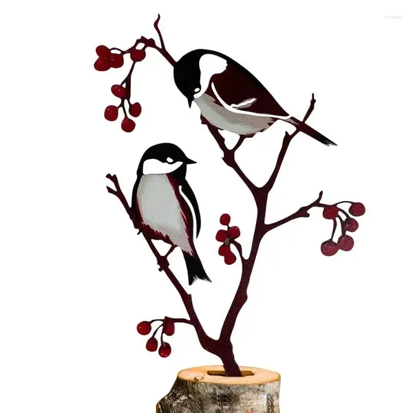 Decoraciones de jardín Estacas Pájaros decorativos Chickadees Pájaro en una rama Árbol Arte Metal Estaca Patio trasero para el hogar