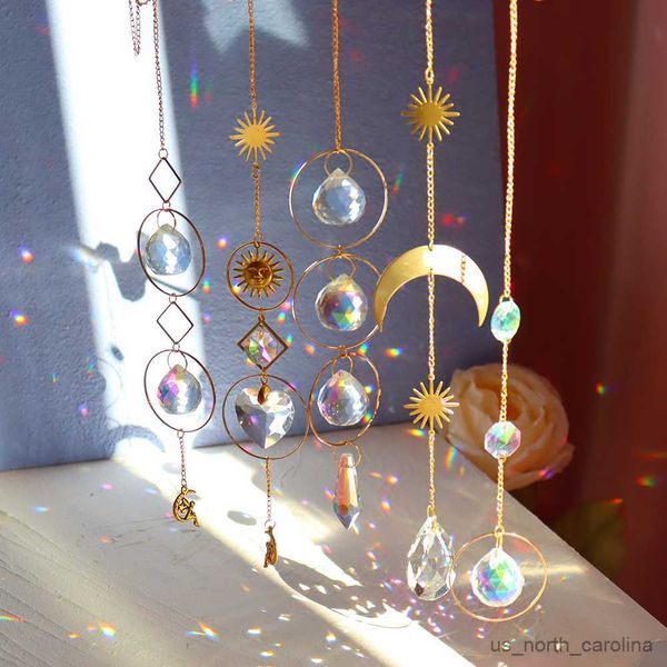 Décorations de jardin Sun Light Crystal Wind Chime Star Moon Sun Plaqué Perles colorées Hanging Drop Outdoor Garden Windchimes R230613