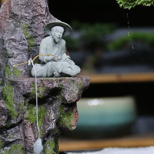 Decoraciones de jardín Terrario Pescador Estatua Figuras Modelado Flores Adorno Bonsai Escultura Arenisca Anciano