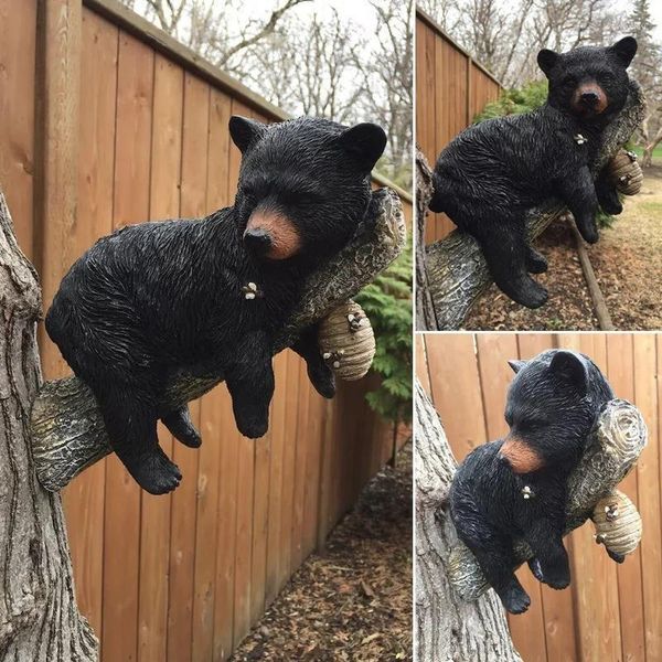 Decoraciones de jardín Rama de árbol Adorno de oso Tronco al aire libre Simulación negra Colgante Artesanía de resina