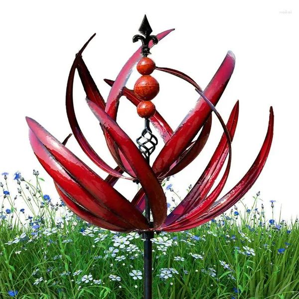 Decoraciones de jardín Hilanderos de jardín en estacas Metal giratorio de 360 grados Resistente a los rayos UV Molino de viento de loto Arte de exhibición para aceras Caminos Patio Rojo